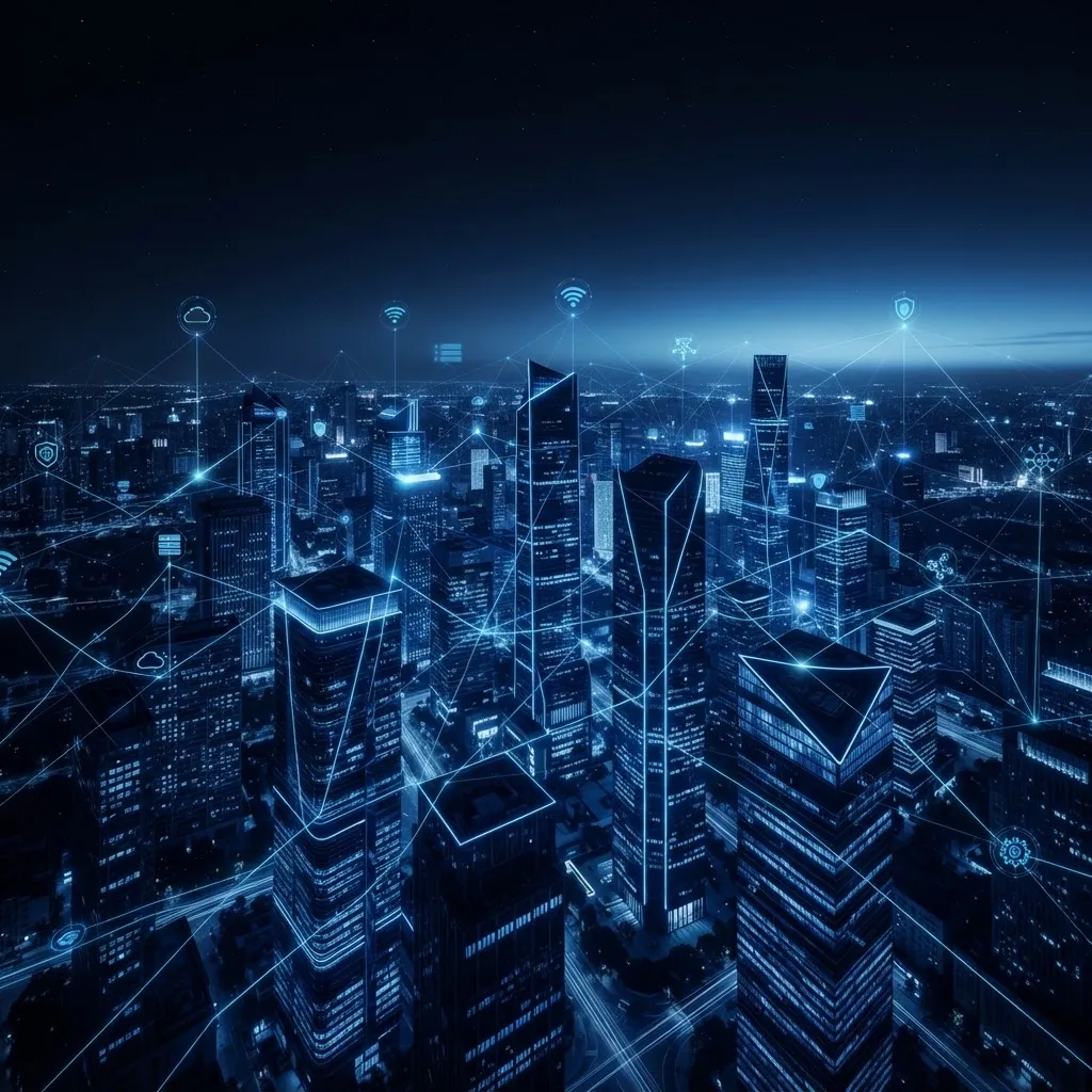 Illustration of a connected smart city — buildings linked by a glowing IoT data network